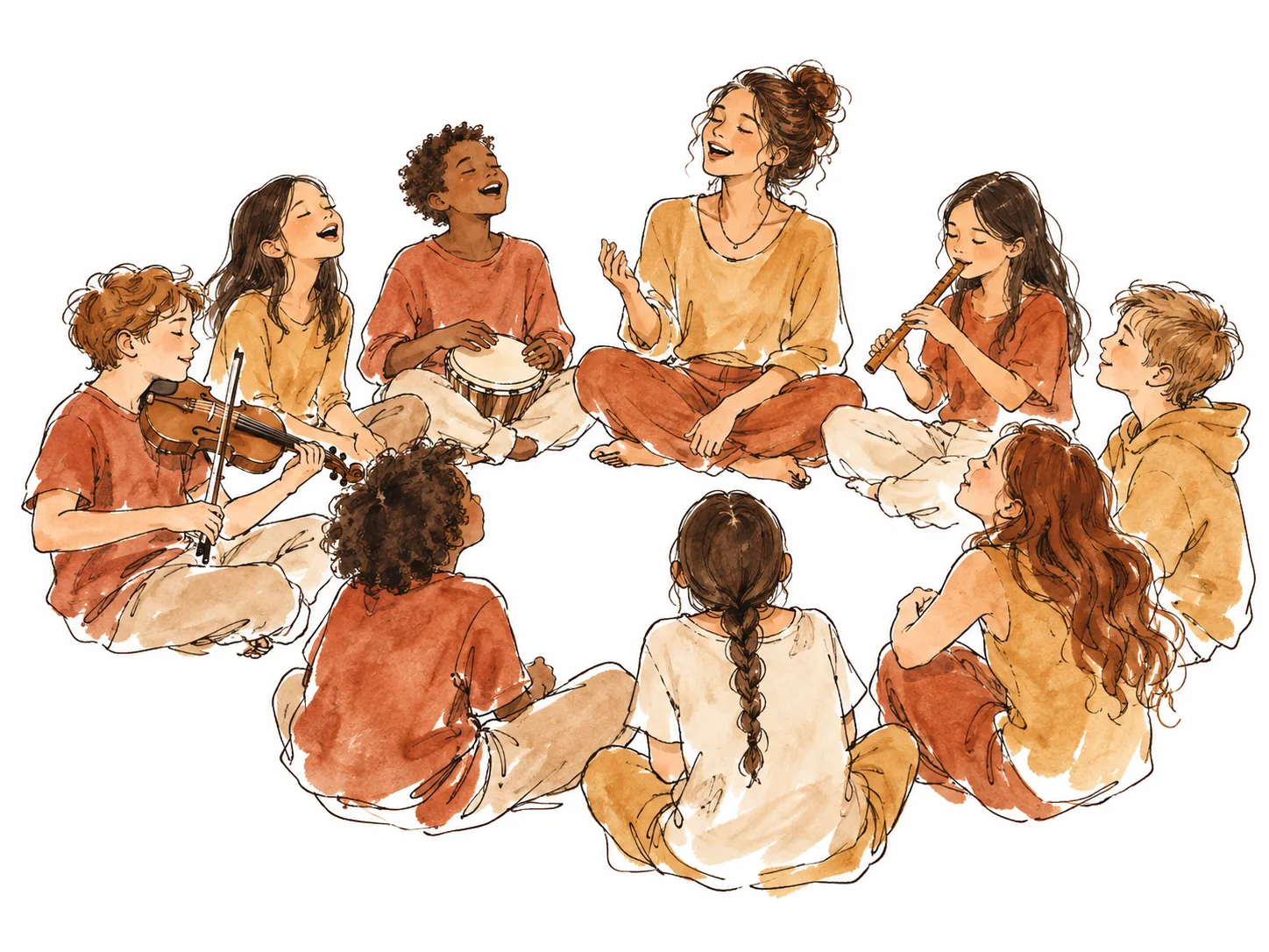 Pau i Treva des de la música i la cultura: infants i una mestra cantant i tocant instruments asseguts en cercle